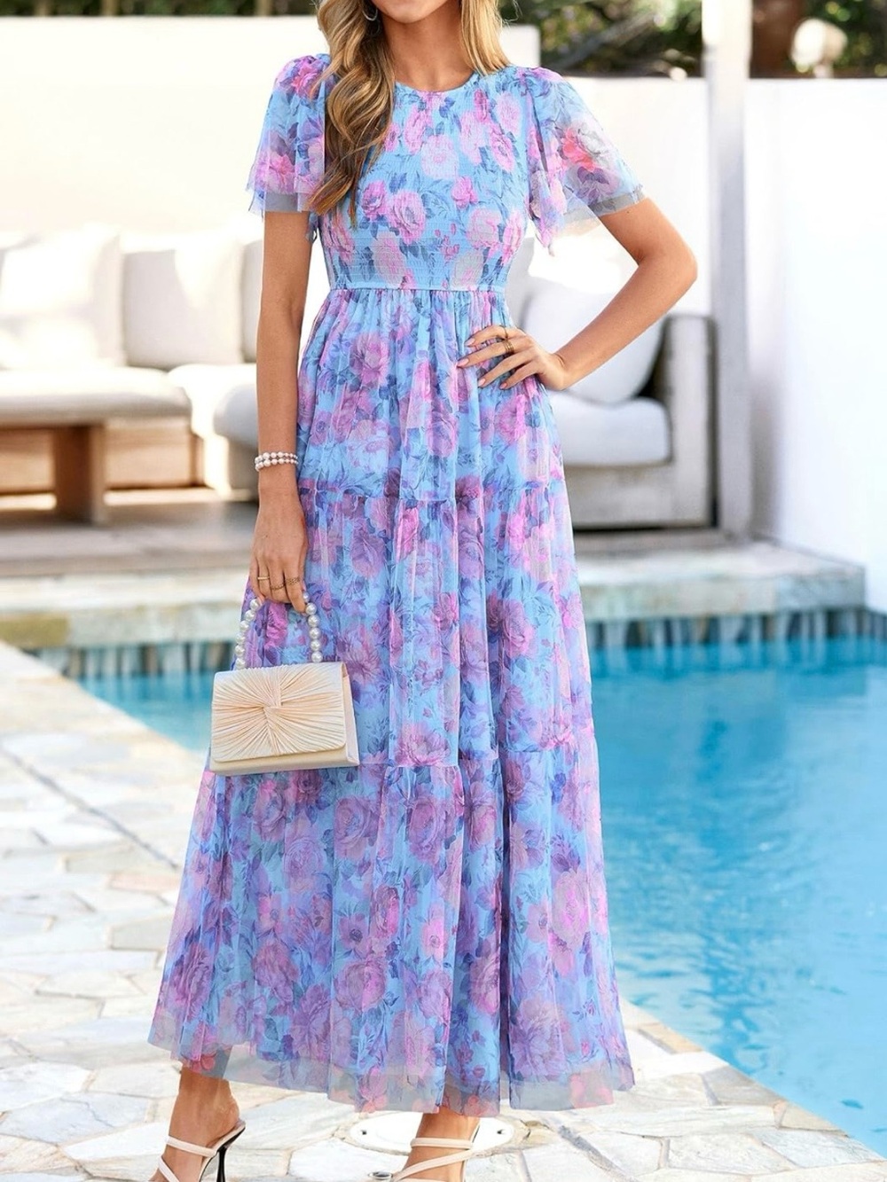 #12 Pretty Garden Floral Dress Short Sleeve Maxi Smocked Flowy Size L - Picture 2 of 6